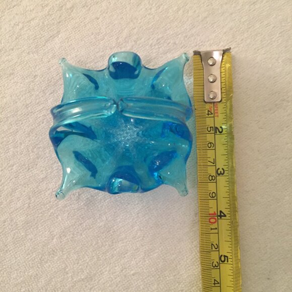 Small Blue Art Glass Basket 3" Trinket Dish Ring Holder Bubbles - Picture 7 of 11